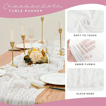 Qfdian 3pcs White Cheesecloth Table Runner Boho Gauze Cheese Cloth for Wedding Bridal Baby Shower Birthday Party Cake Table Decorations